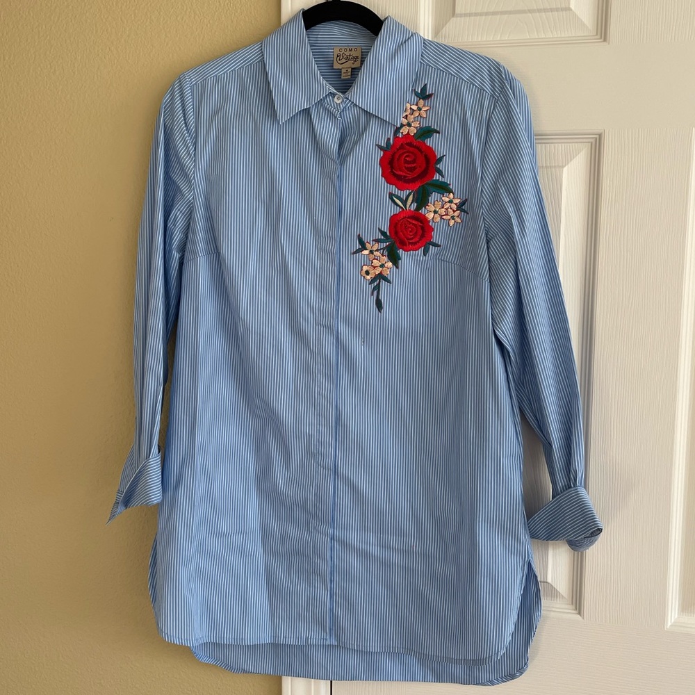 Como Vintage Button Front Blue Stripe Long Shirt with Rose Embroidery (size M)